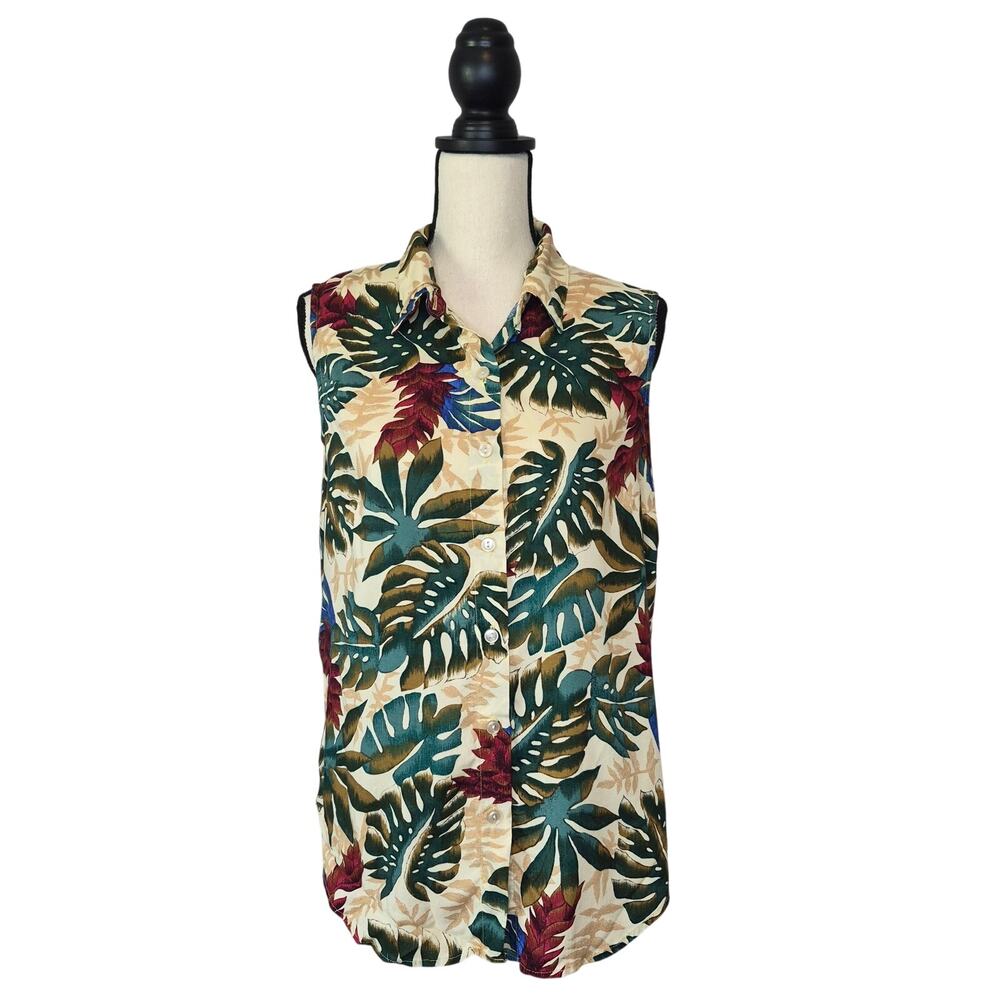 Vintage Hilo Hattie Sleeveless Hawaiian Aloha Shirt Tropical Monstera Ginger M